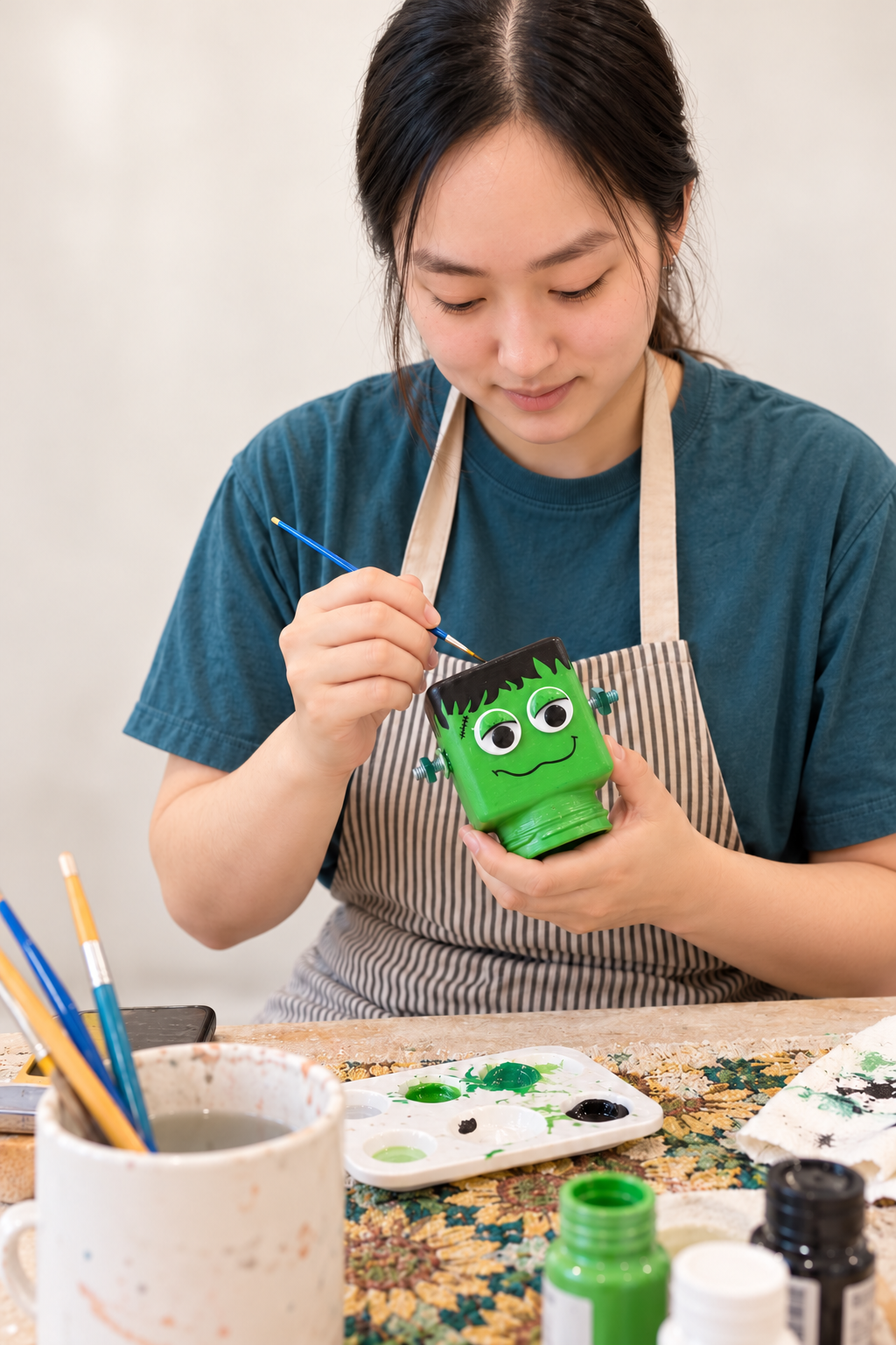A participant crafting a whimsical Frankenstein character from an upcycled glass jar