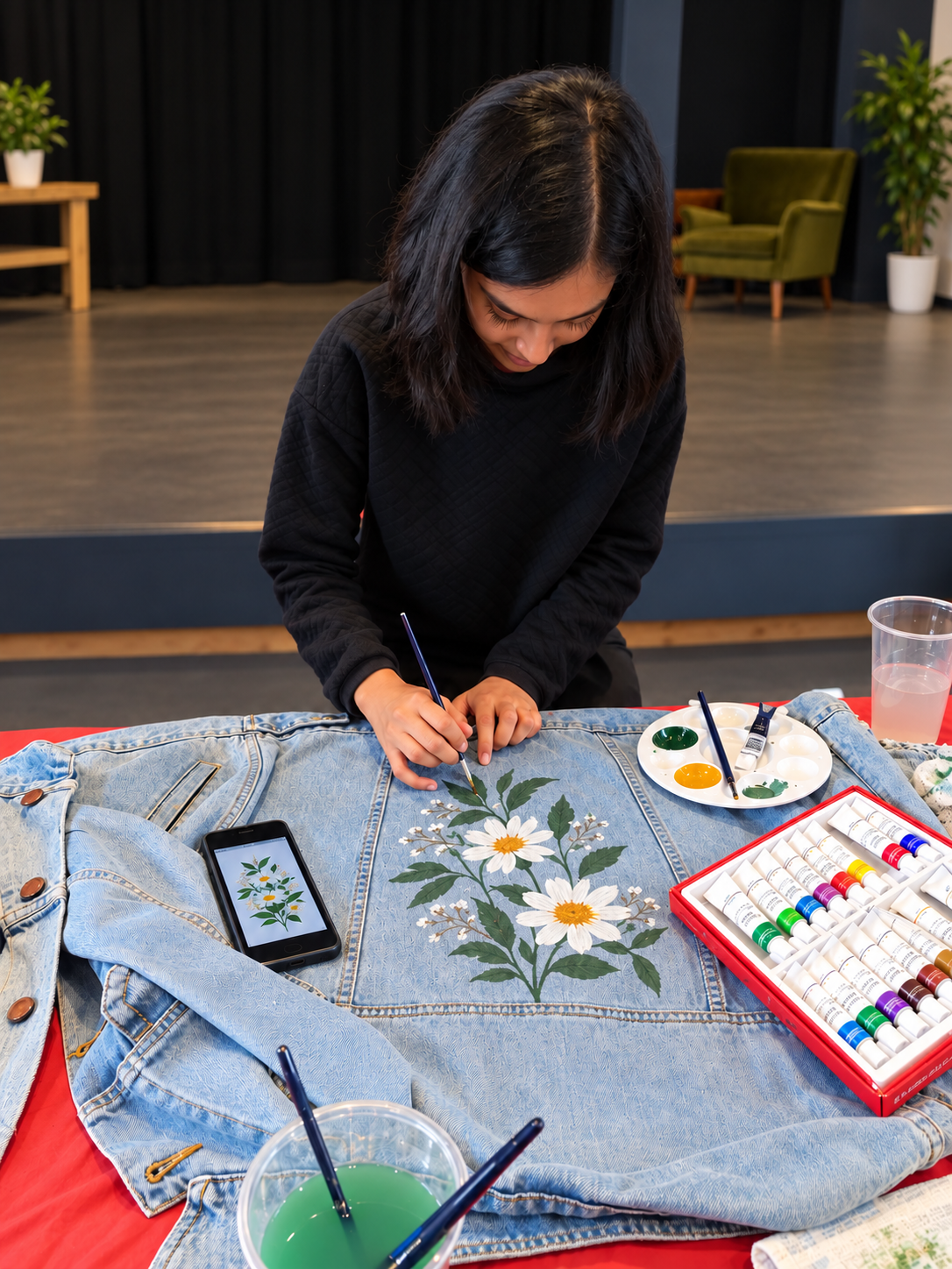 A participant hand-painting a botanical design on a denim jacket