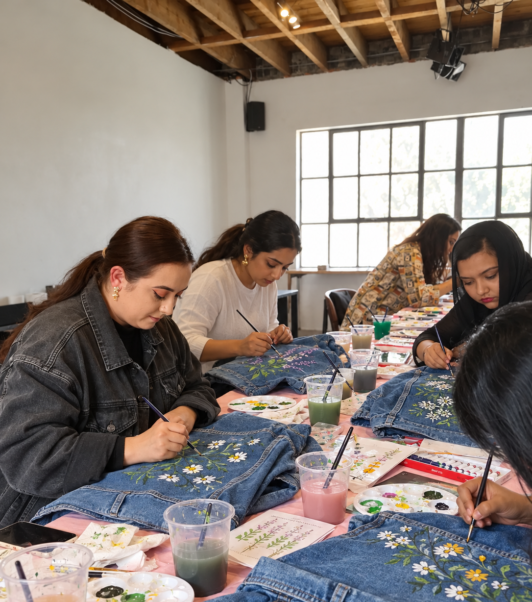 Participants hand-painting floral designs on denim jackets around a workshop table