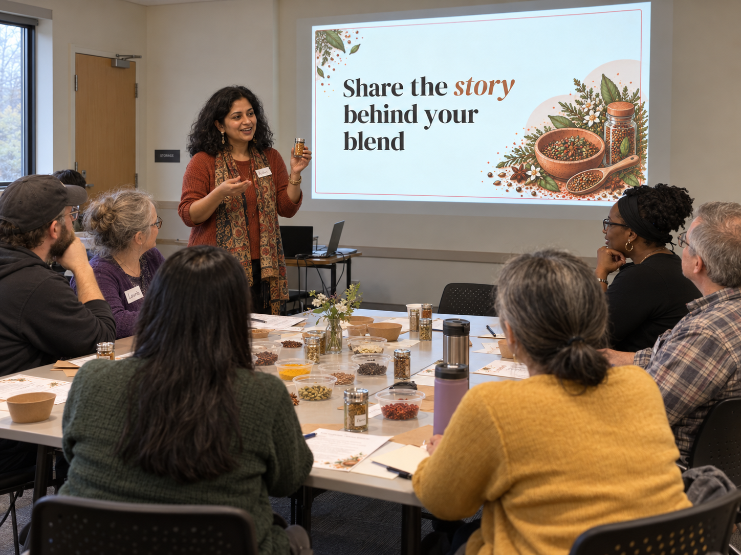 Participants blending spices together at a BreakroomYYC workshop table